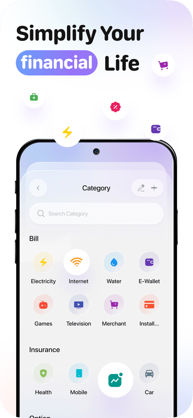 Category management screen with bill and insurance categories