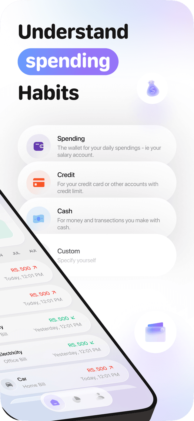 Spending habits view showing wallet types and transaction history